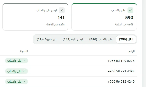 فاحص الأرقام: 590 رقماً على واتساب و141 ليست عليه، ونتيجة كل رقم في جدول